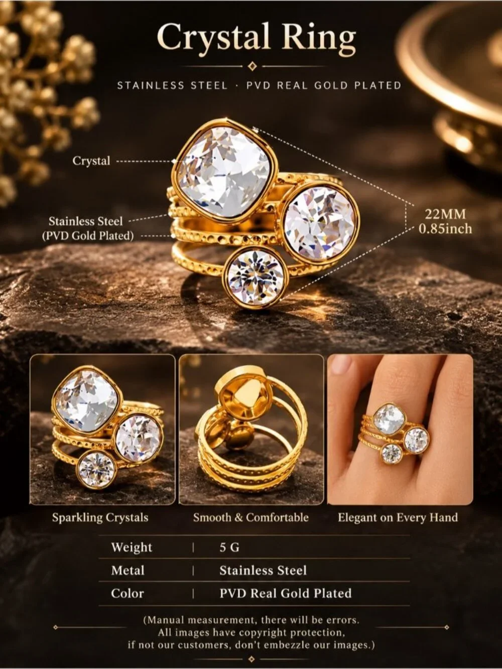 18 K Gold plated Triple Crystal Stack Ring